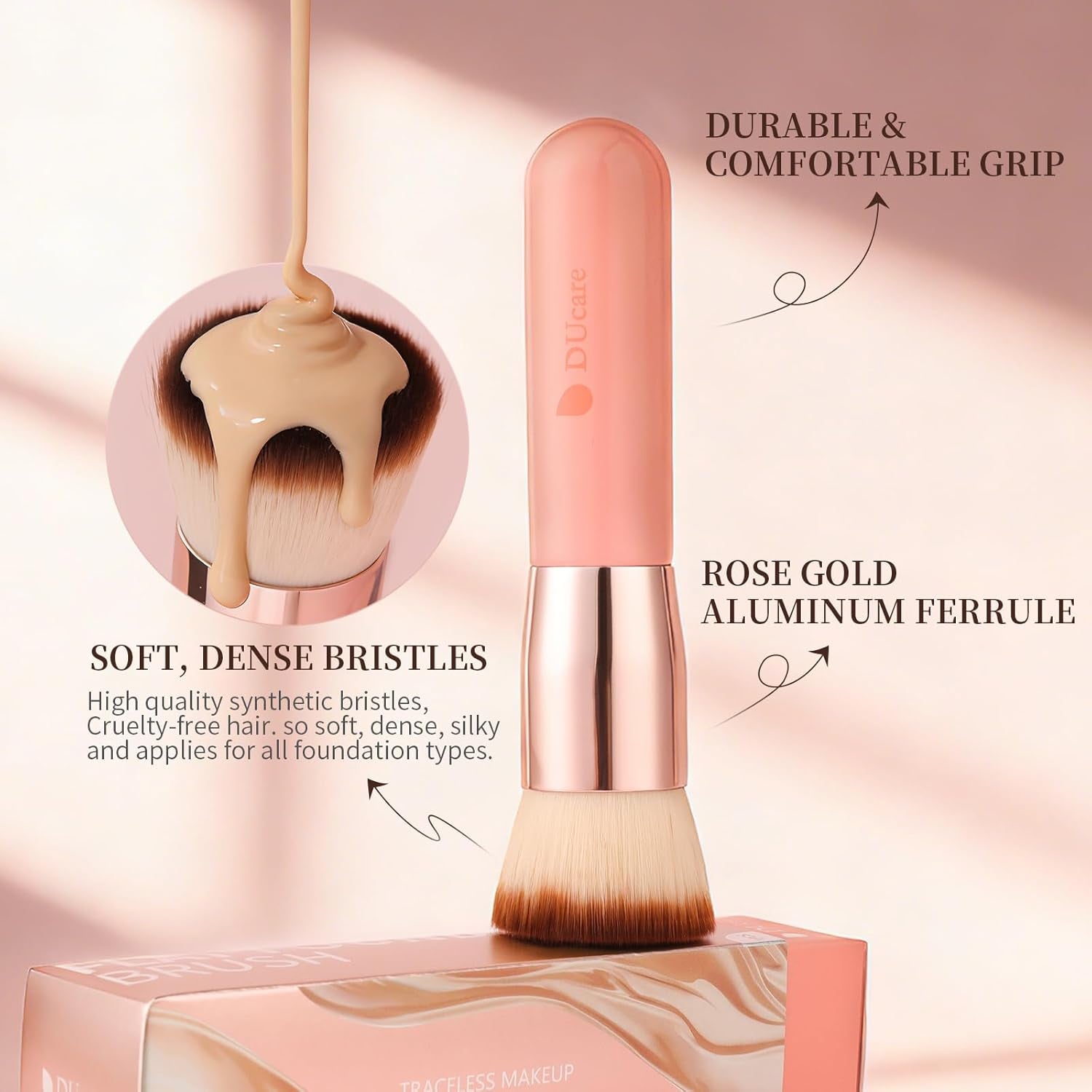 Flat Top Kabuki Foundation Brush - Premium Makeup Brush for Liquid, Cream, and Powder - Buffing, Blending, and Face,Pink